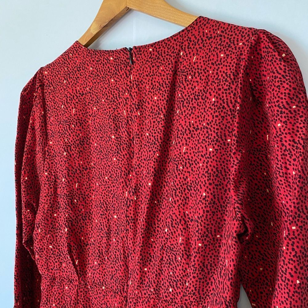 ZARA Red Black Print Side Ruched V-neck Long Sleeve Mini Dress - Picture 6 of 8